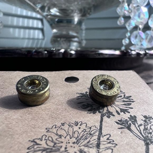 Unique Handmade Upcycled Brass Bullet Casing Earrings Swarovski Jeweled 💗 - Picture 4 of 5